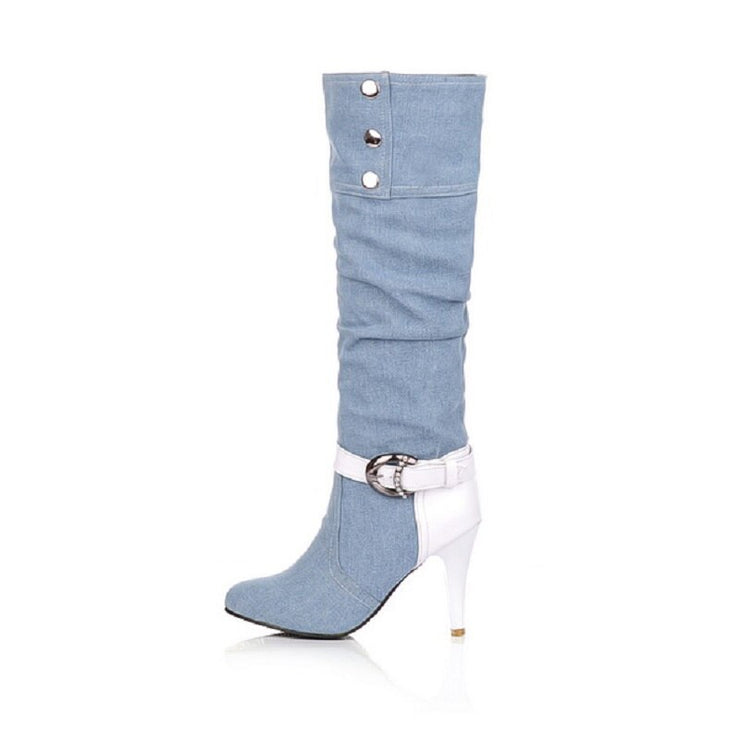 Pointed Toe Denim Knee High Boots