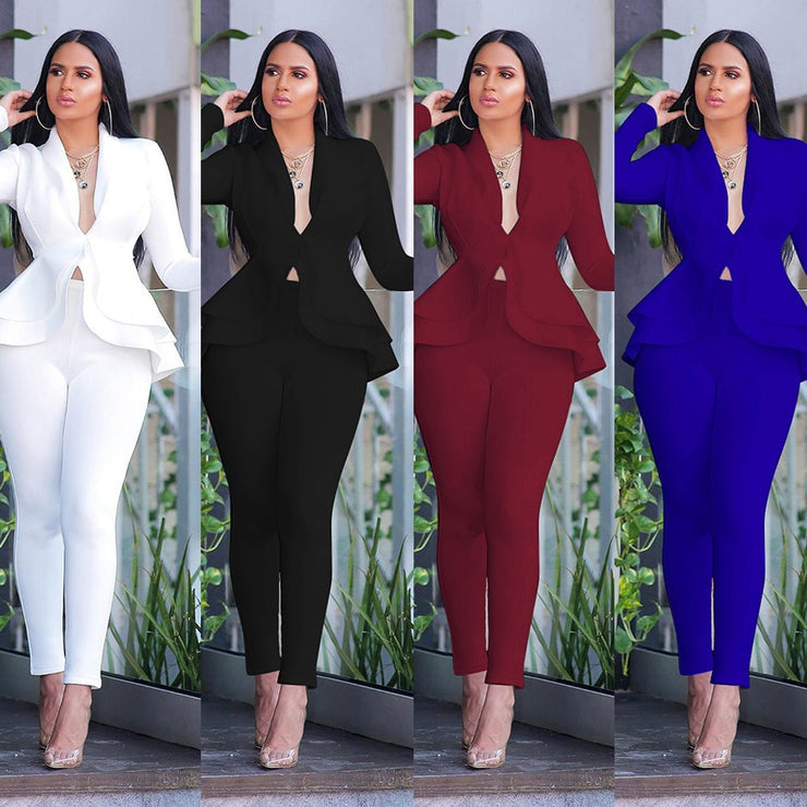 Two Piece Ruffled Blazers Pants Suit