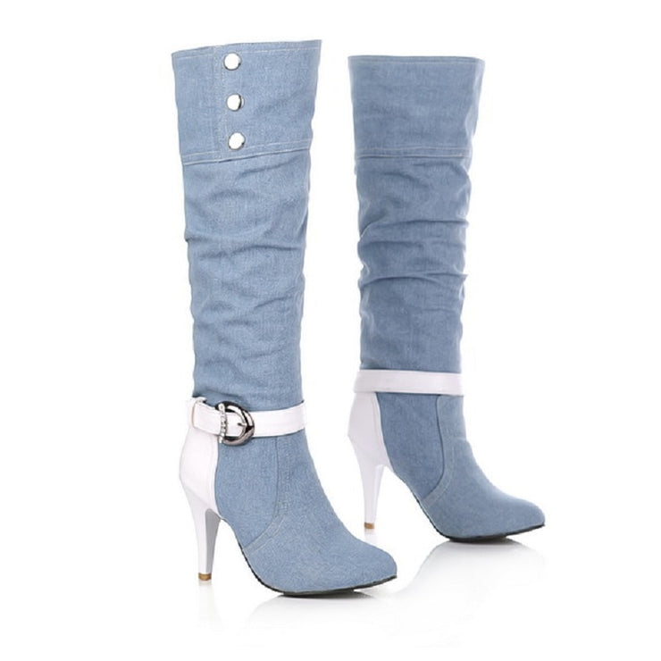 Pointed Toe Denim Knee High Boots