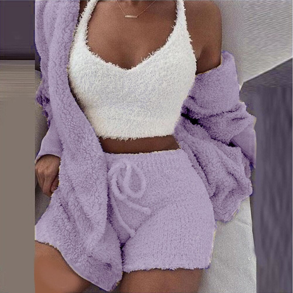 3PCS Pajama Set Fluffy Sleeveless Sweater Sleepwear