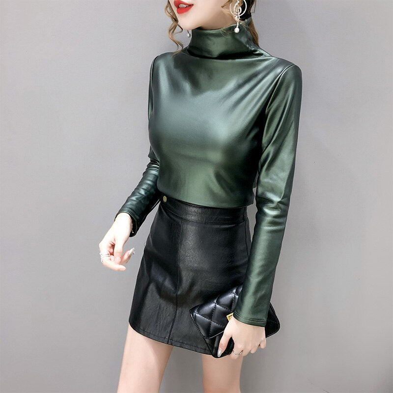 Long Sleeve Turtleneck Soft Leather Blouse