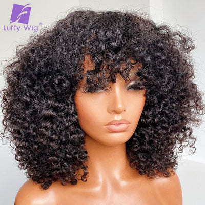 Brazilian Remy Kinky Curly Human Hair Wig With Bangs