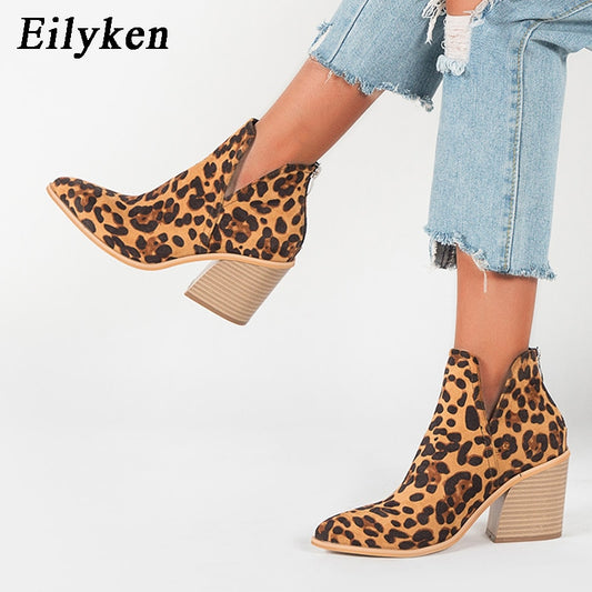 Leopard Print Square Heel Ankle Boots