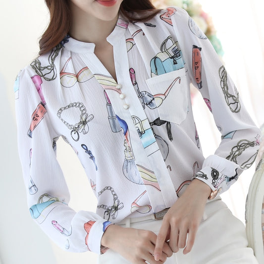 OL White Print Sliming Blouse