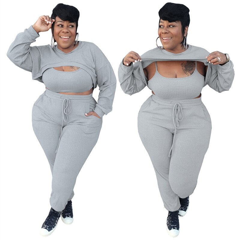 3pc Bodycon Vest Long Sleeve Crop Top and Pants Sets