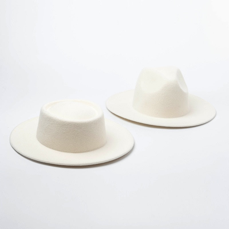 Ladys Wool Felt White Wide Brim Fedoras