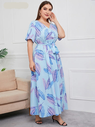 V Neck Floral Print Boho Short Sleeve Maxi Dresses