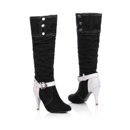 Pointed Toe Denim Knee High Boots