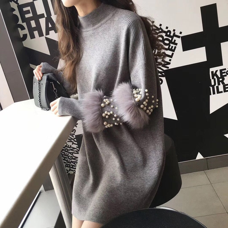 Beaded Fur Sleeve Sweater Dress