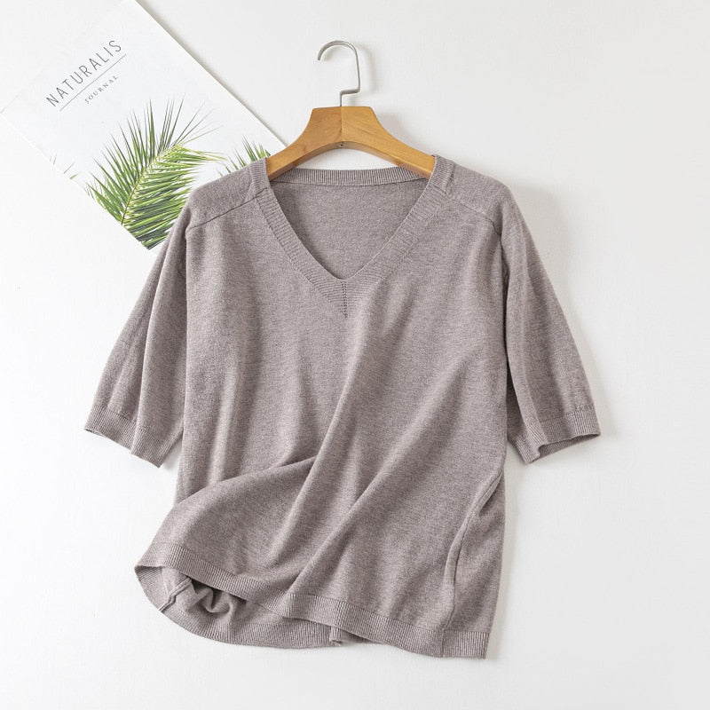 V Neck Half Sleeve Knitted  T Shirt