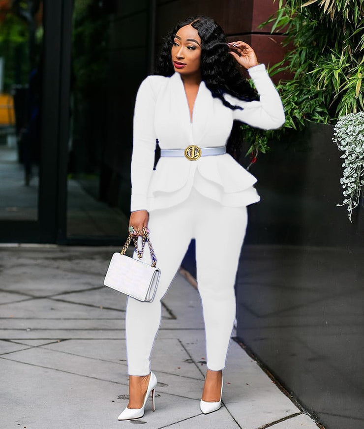 Two Piece Ruffled Blazers Pants Suit