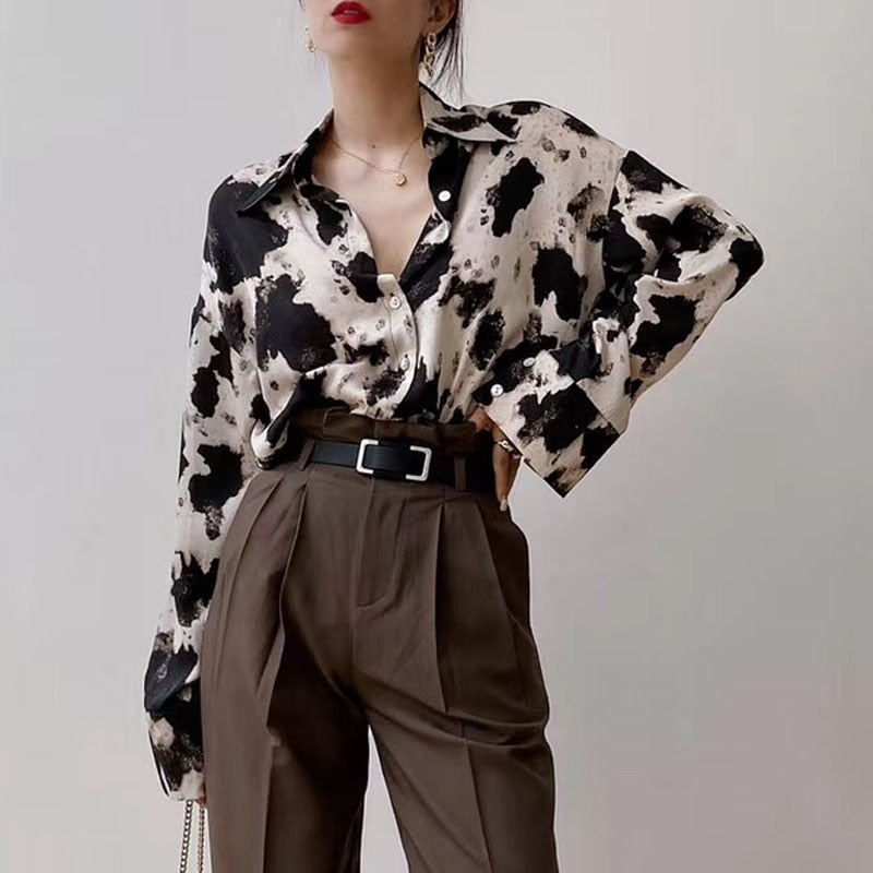 Cow Print Long Sleeve Blouse