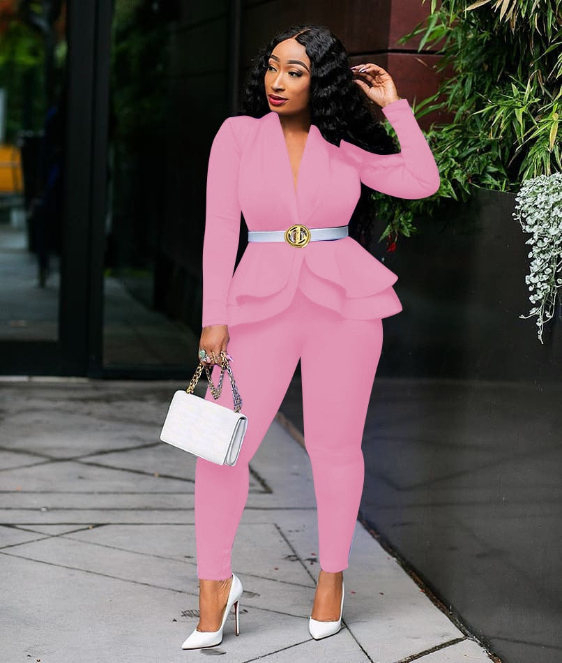 Two Piece Ruffled Blazers Pants Suit