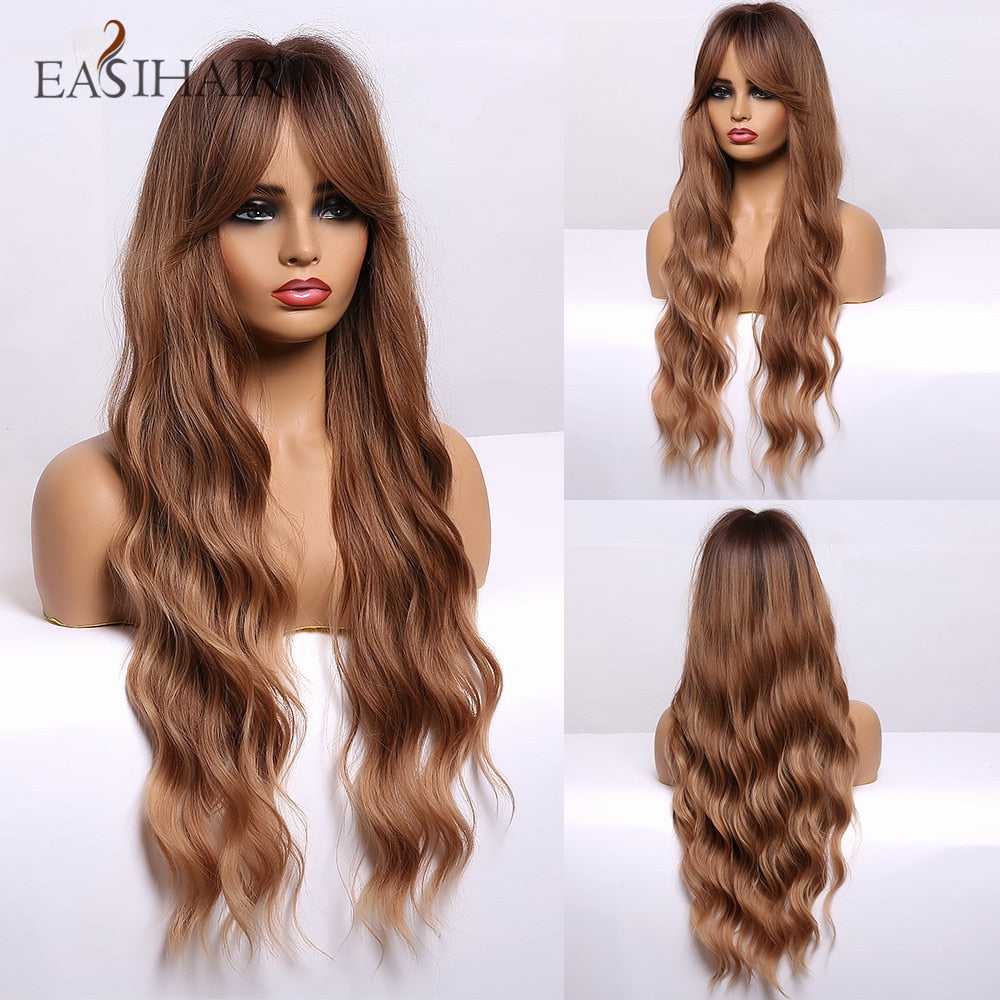 EASIHAIR Long Body Wavy Synthetic Wigs with Bangs Heat Resistant