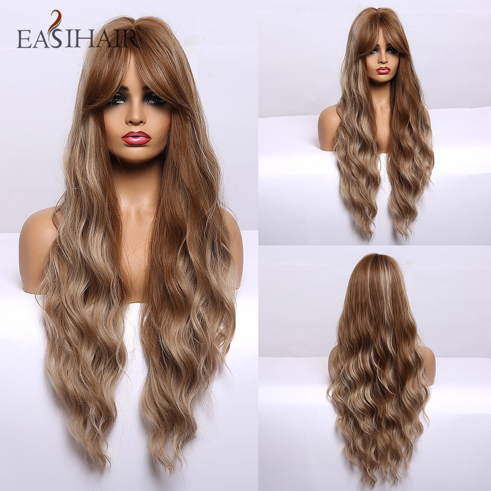 EASIHAIR Long Body Wavy Synthetic Wigs with Bangs Heat Resistant