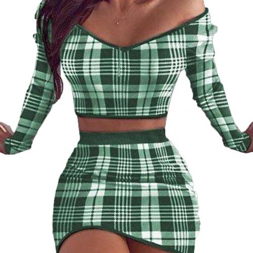 2pc Set Plaid Long Sleeve Off Shoulder Blouse and Skirt