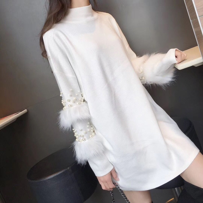 Beaded Fur Sleeve Sweater Dress