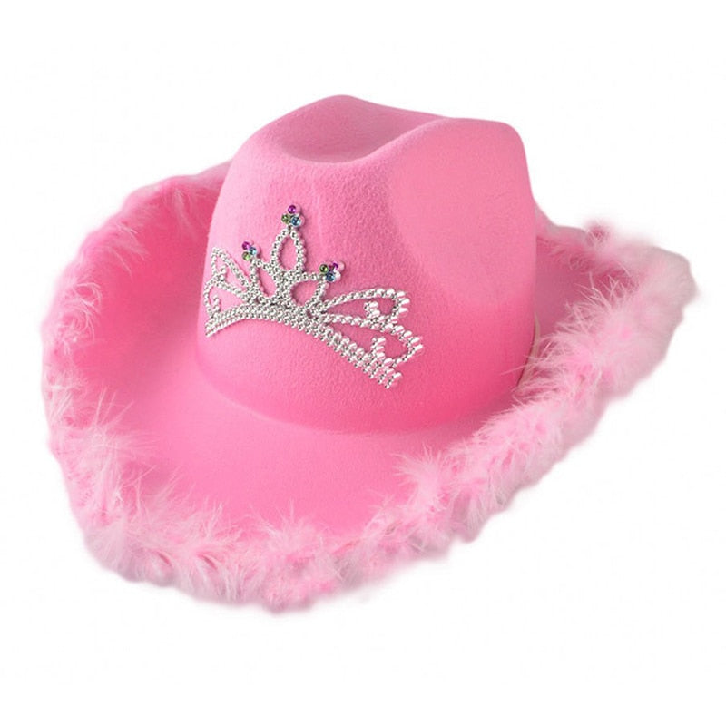 Western Style Cowgirl Pink Feather Brim Fedora