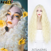 FEELSI Synthetic Pure Long Water Wave Halloween Wig