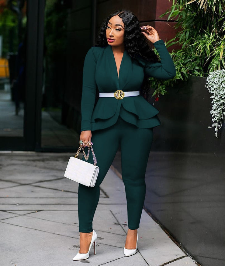 Two Piece Ruffled Blazers Pants Suit