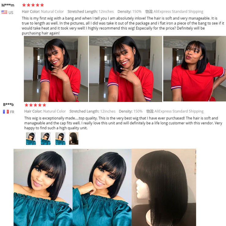 Straight Human Hair with Bangs No Lace Wigs