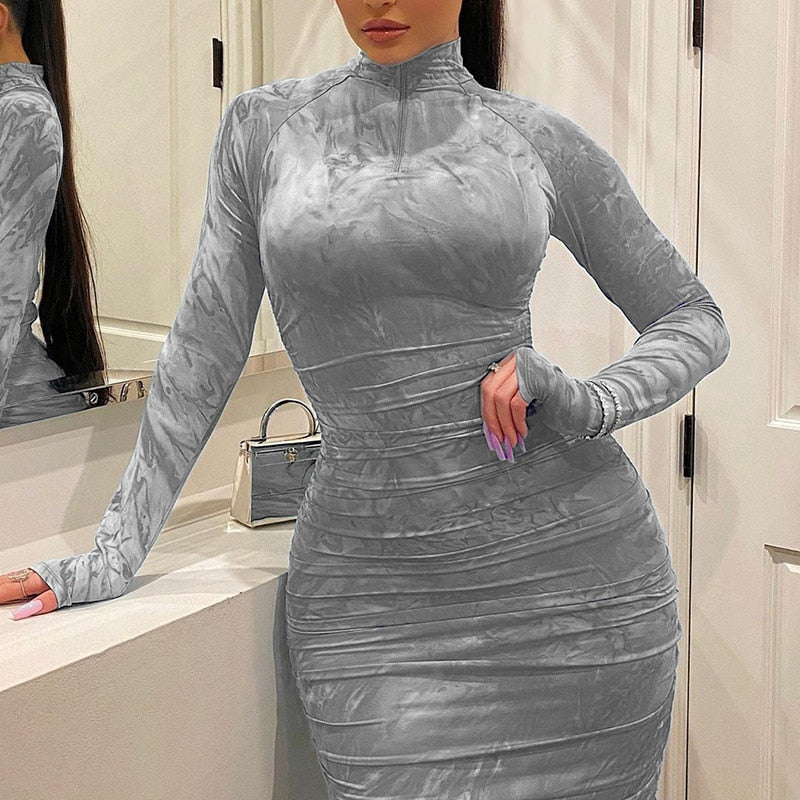 Long Sleeve Pleated Bodycon Dresses