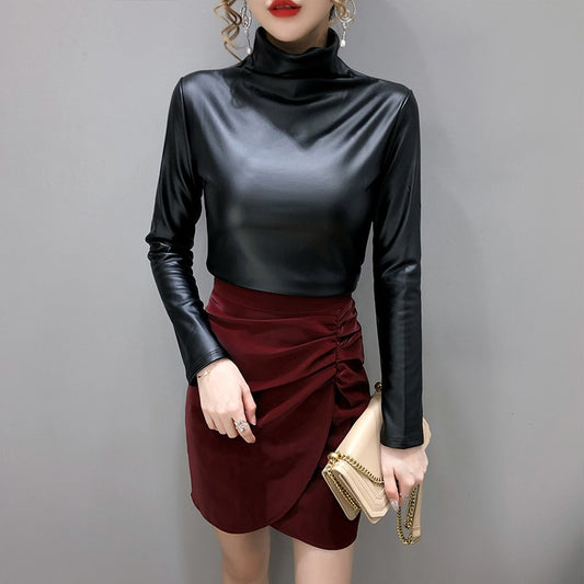 Long Sleeve Turtleneck Soft Leather Blouse