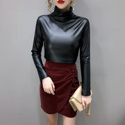 Long Sleeve Turtleneck Soft Leather Blouse