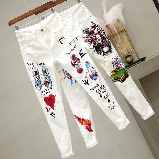 Flowers Print Stretch Skinny Jeans