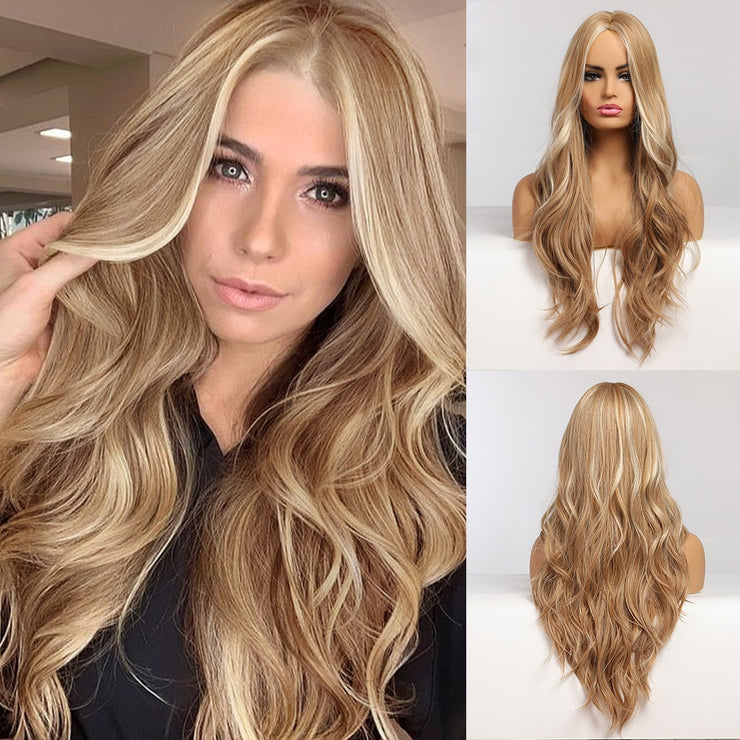 Highlight Heat Resistant Long Wavy Blonde Synthetic Wigs