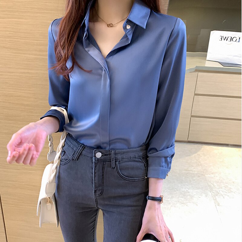 Long Sleeve Loose Satin Blouse