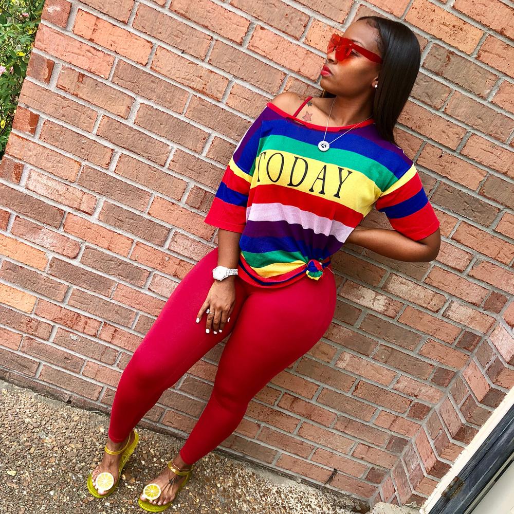 2 Pc Rainbow Striped T-Shirt and Skinny Pencil Tracksuit