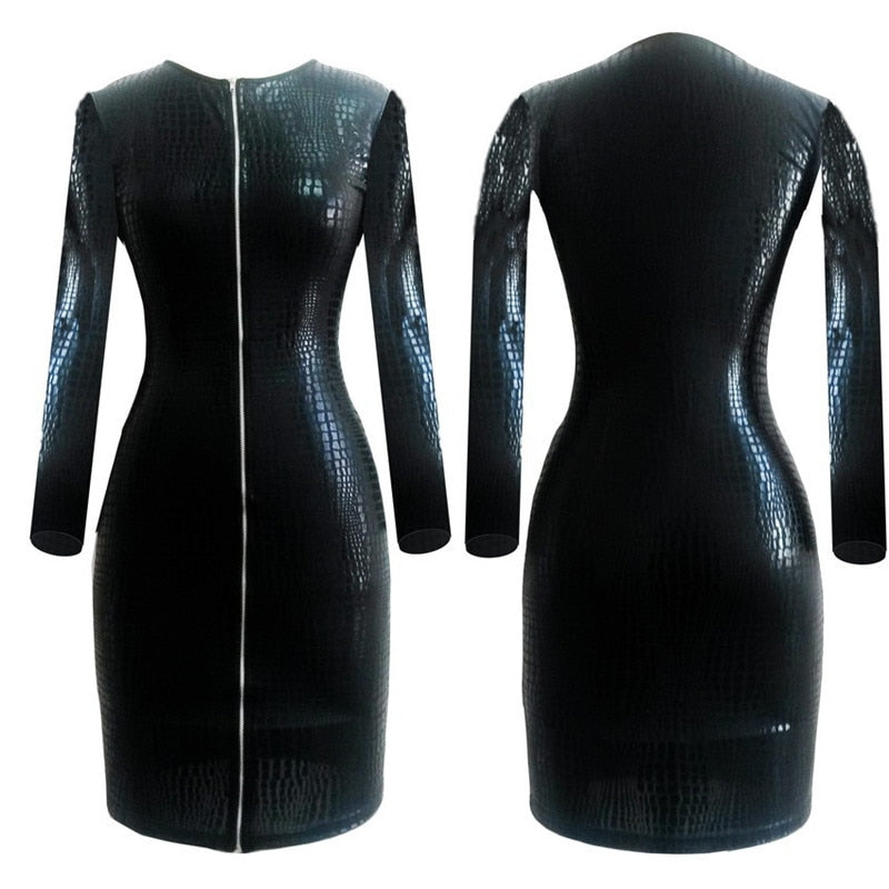 Black Snakeskin Leather Bandage Dress