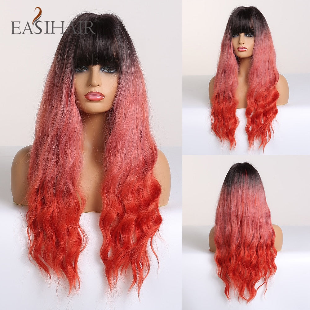 EASIHAIR Long Body Wavy Synthetic Wigs with Bangs Heat Resistant