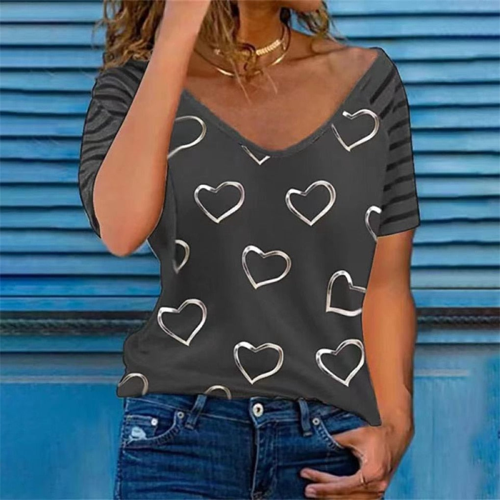 Heart Printed V Neck Blouses