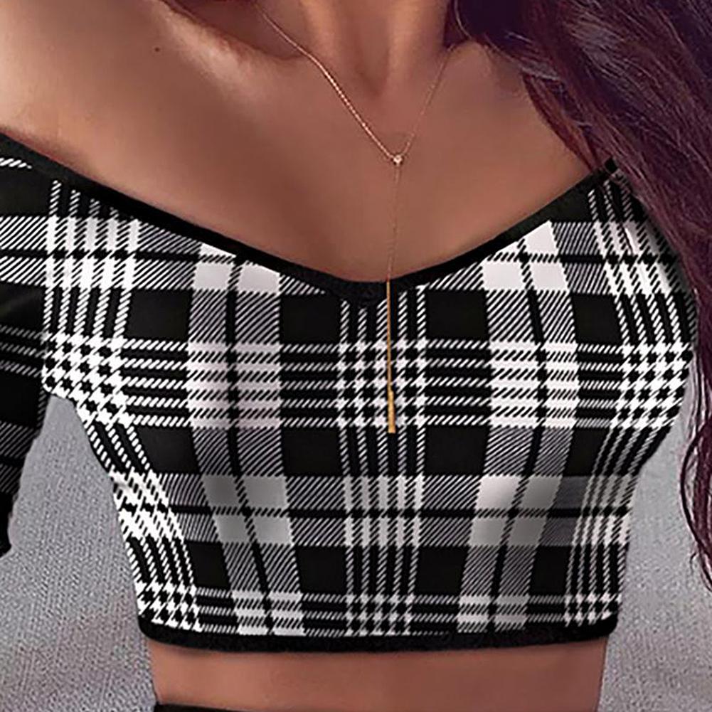 2pc Set Plaid Long Sleeve Off Shoulder Blouse and Skirt