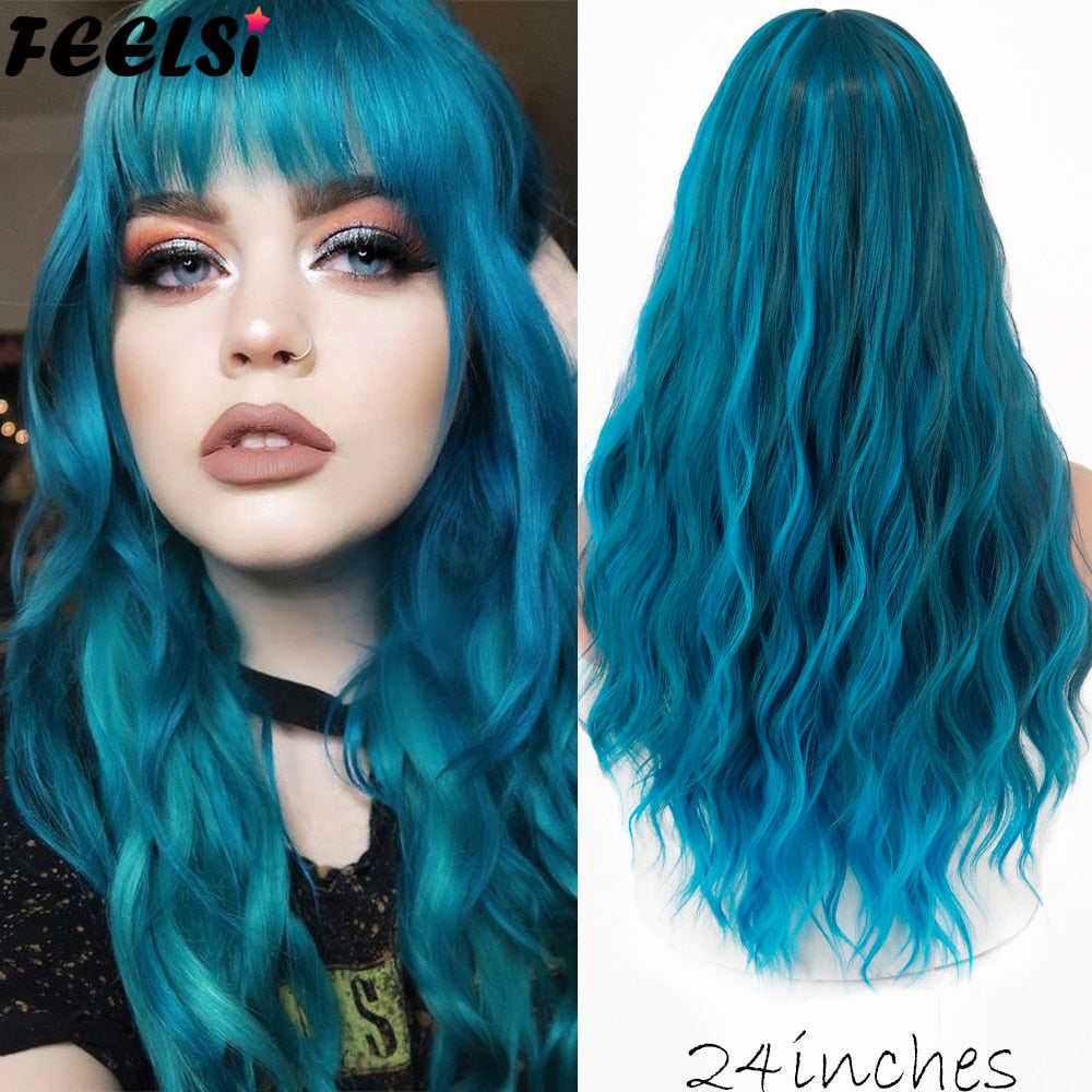 FEELSI Synthetic Pure Long Water Wave Halloween Wig