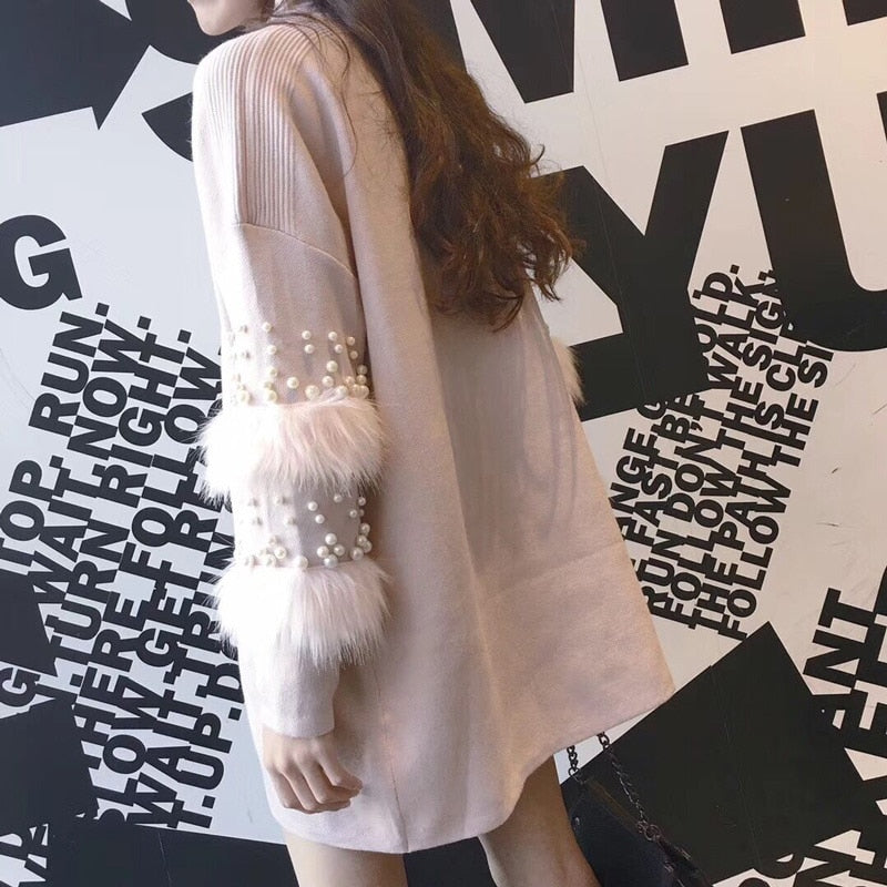 Beaded Fur Sleeve Sweater Dress