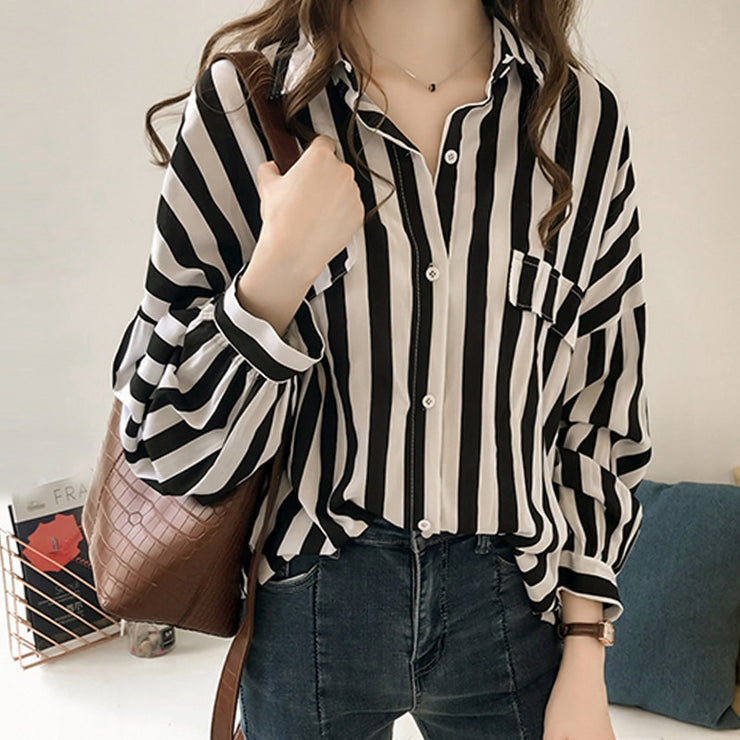 Striped Button-Down Long Sleeve Blouse