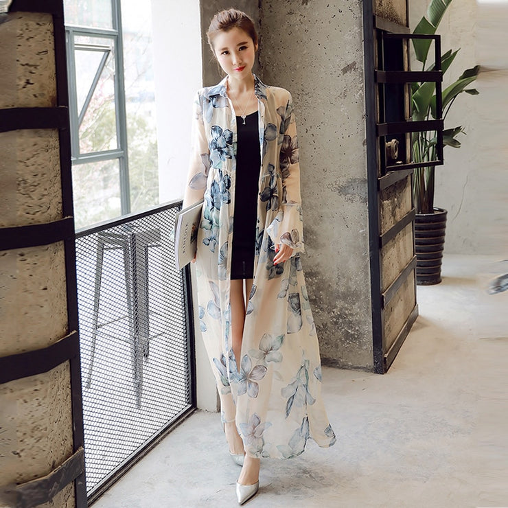 Long Flower Printed Cardigan