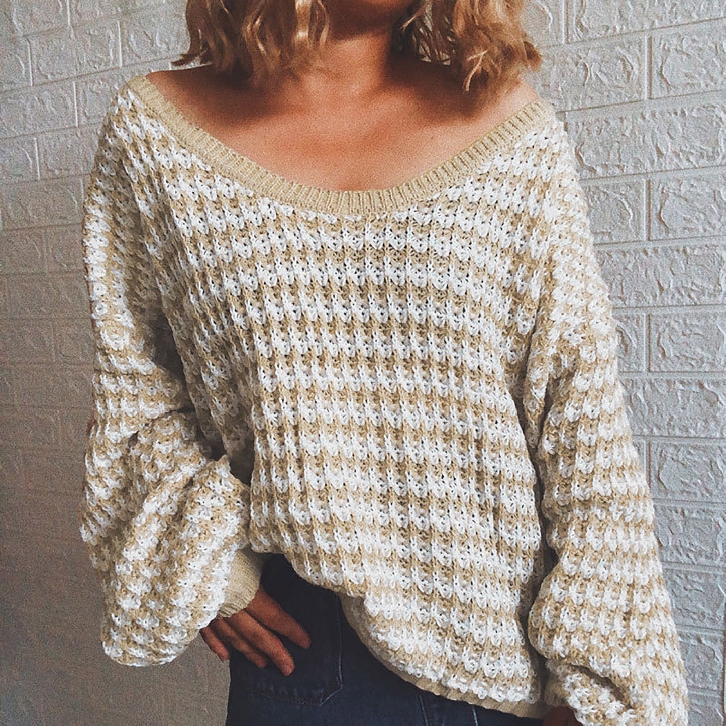 Wide V-Neck Knitted Chic Sweater