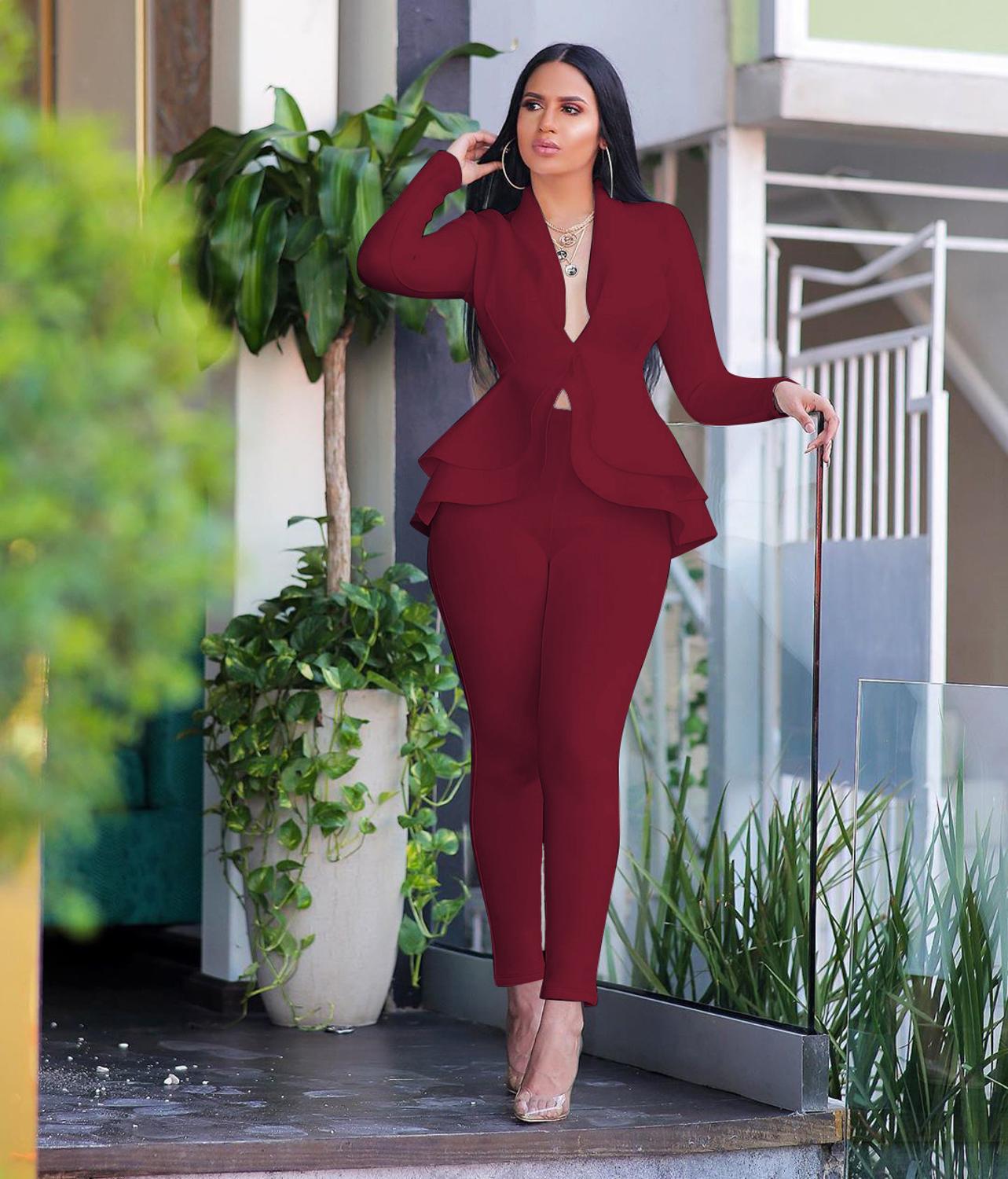 Two Piece Ruffled Blazers Pants Suit