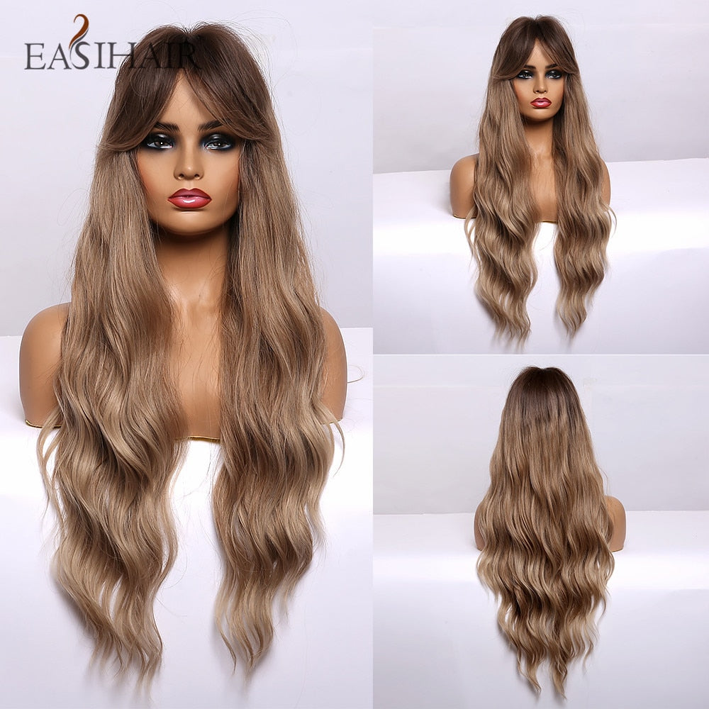 EASIHAIR Long Body Wavy Synthetic Wigs with Bangs Heat Resistant