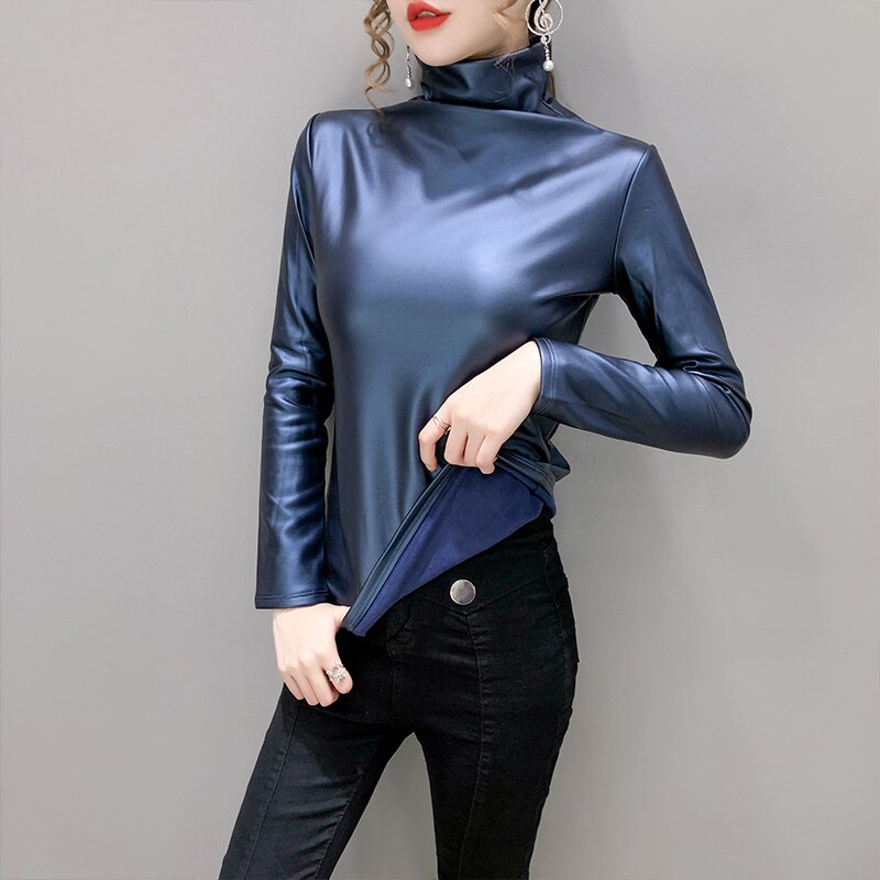 Long Sleeve Turtleneck Soft Leather Blouse