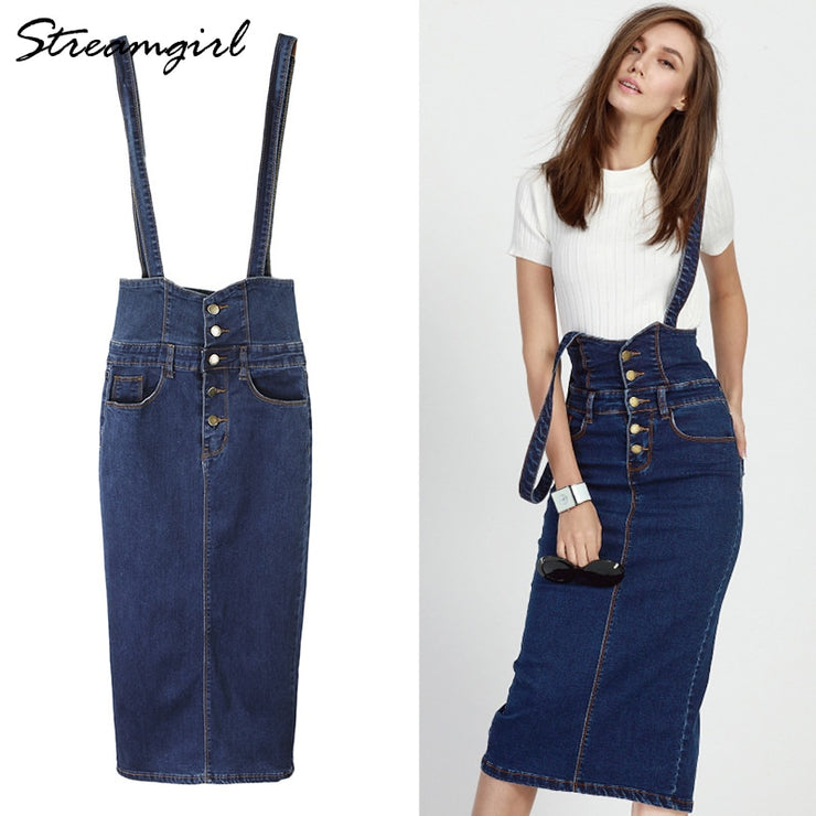 High Waist Suspenders Stream girl Long Pencil Denim Skirts