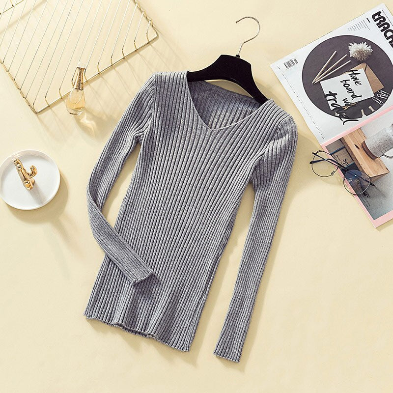 V Neck Soft Rib Knitted Sweaters