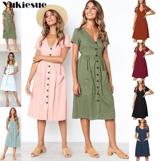 Vintage V neck Bodycon Botton Down Dresses