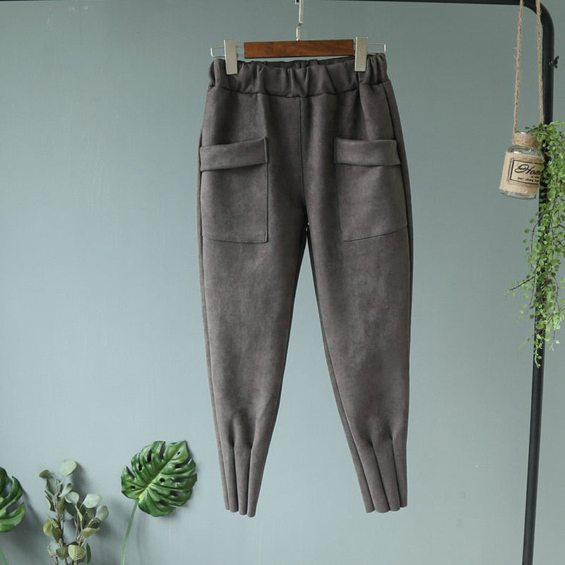 Elastic High Waist Suede Harem Pants