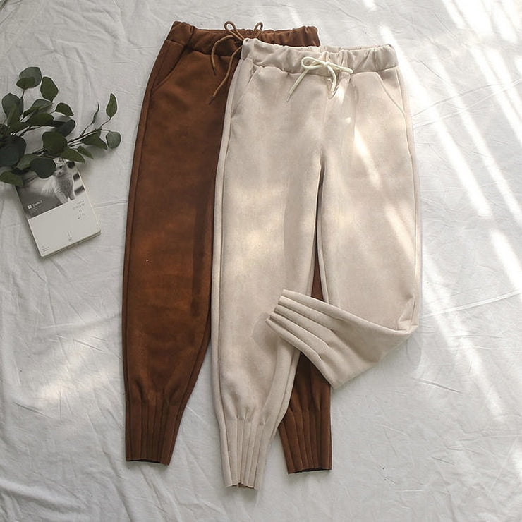 Elastic High Waist Suede Harem Pants