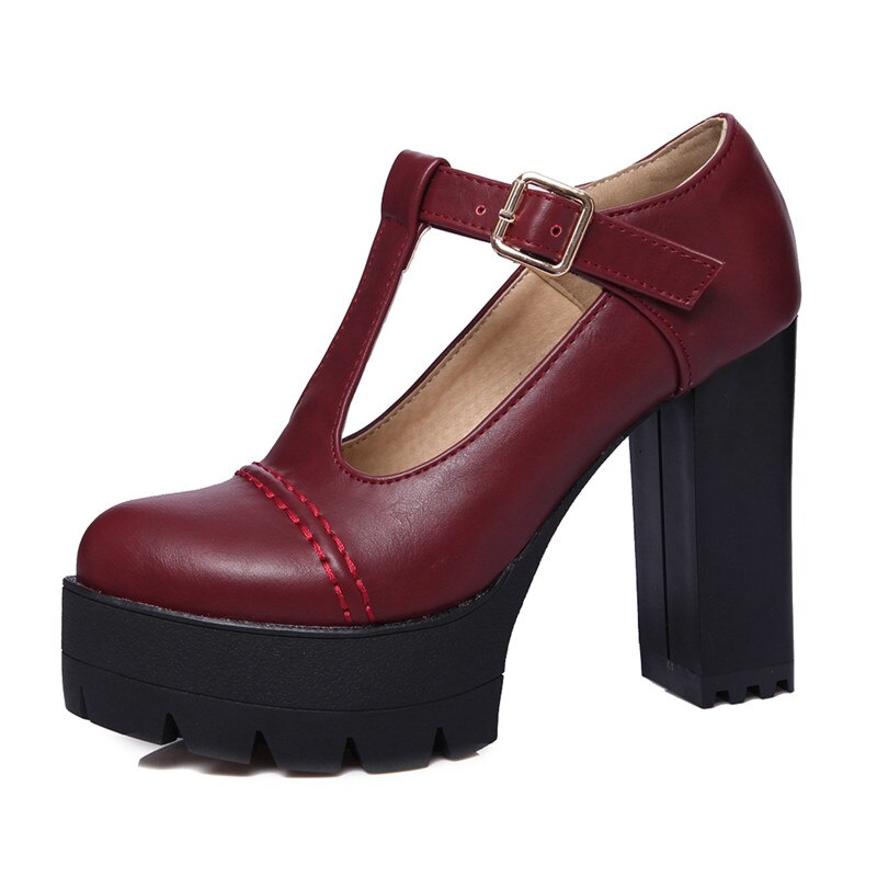 Platform Round Toe T-Strap Buckle Heels